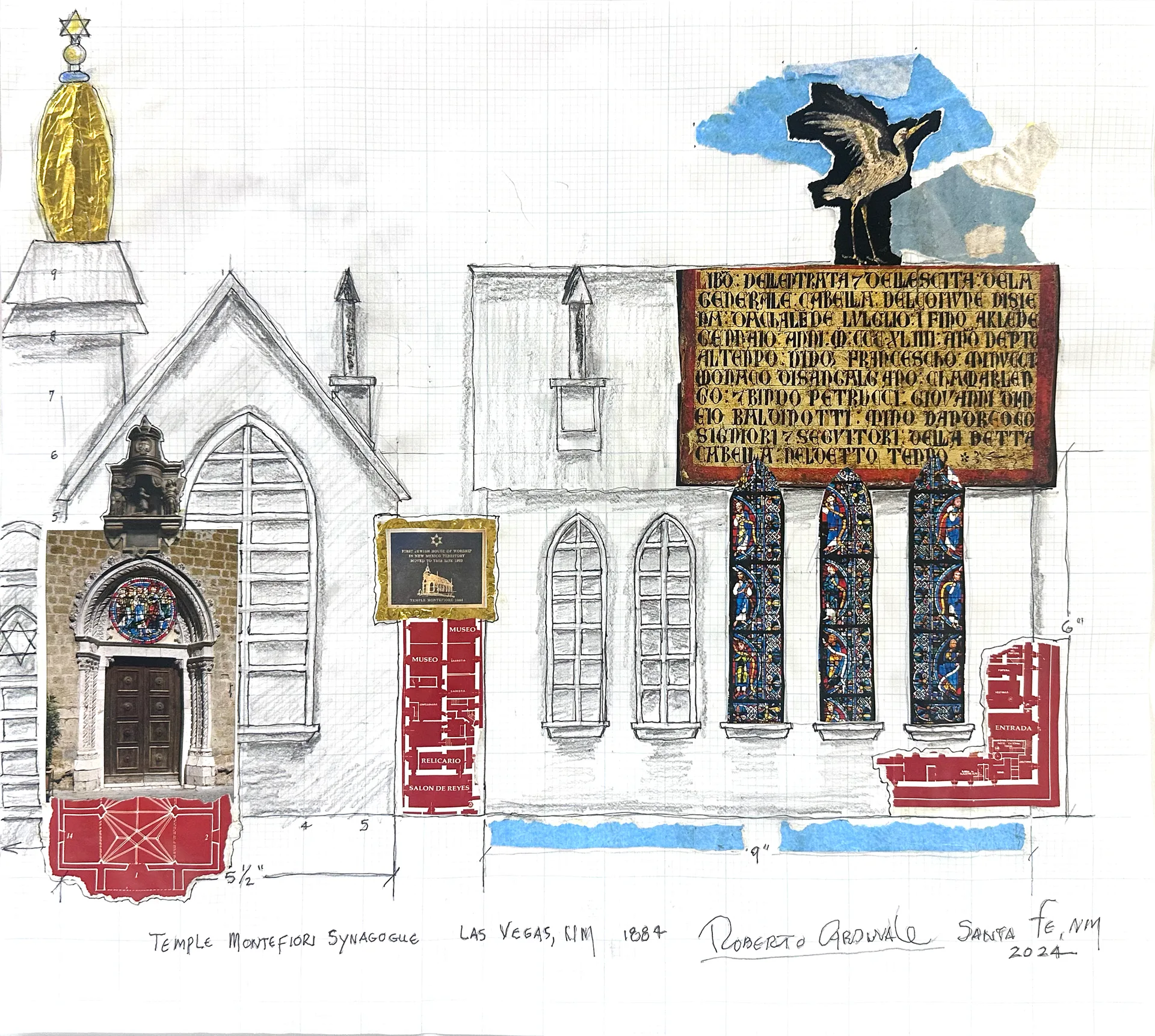 Working drawing for Synagogue Montefiore in pencil and ink on grid paper, with a coloured elevation of the facade and historical notes.