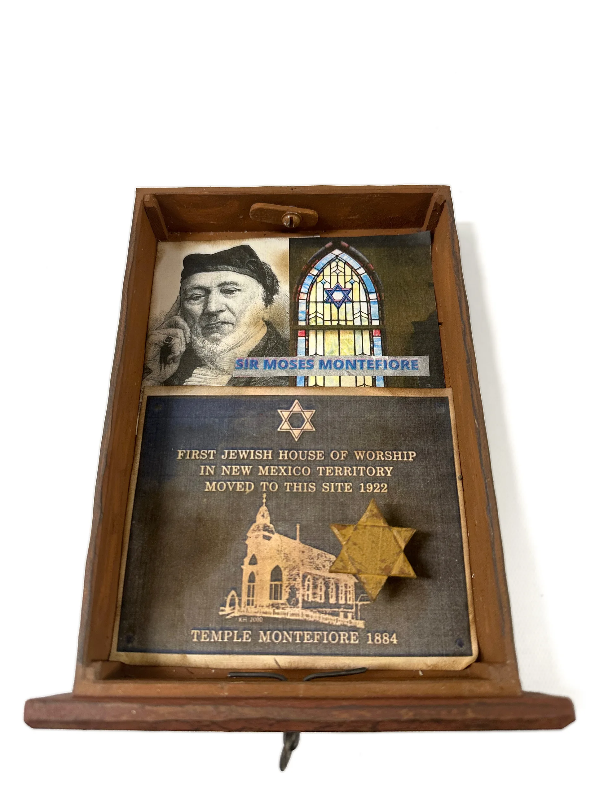 Detail of the drawer collage by PJ Cardinale, with a portrait of Sir Moses Montefiore and a plaque marking the first Jewish house of worship in New Mexico Territory.